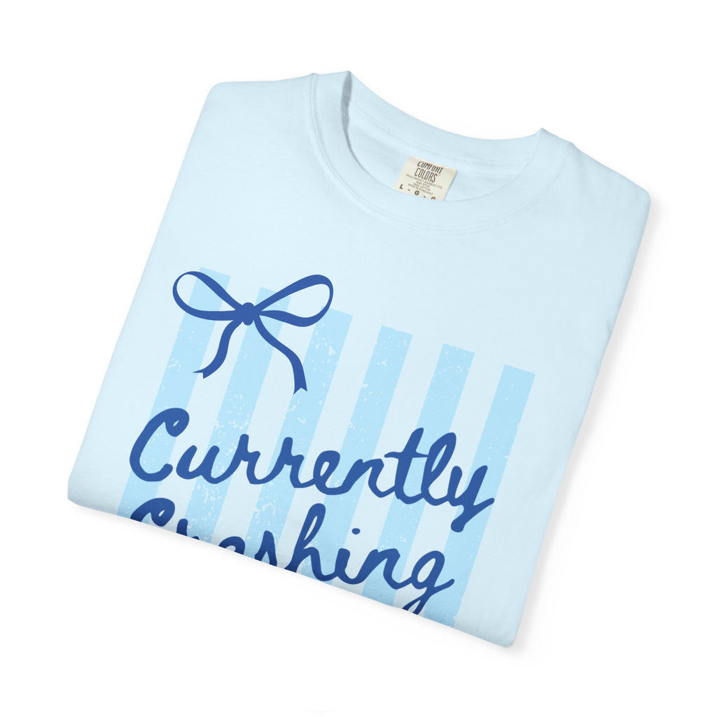 Currently Crashing Out Graphic T-Shirt — Casual Blue Striped Tee with Bow Accents