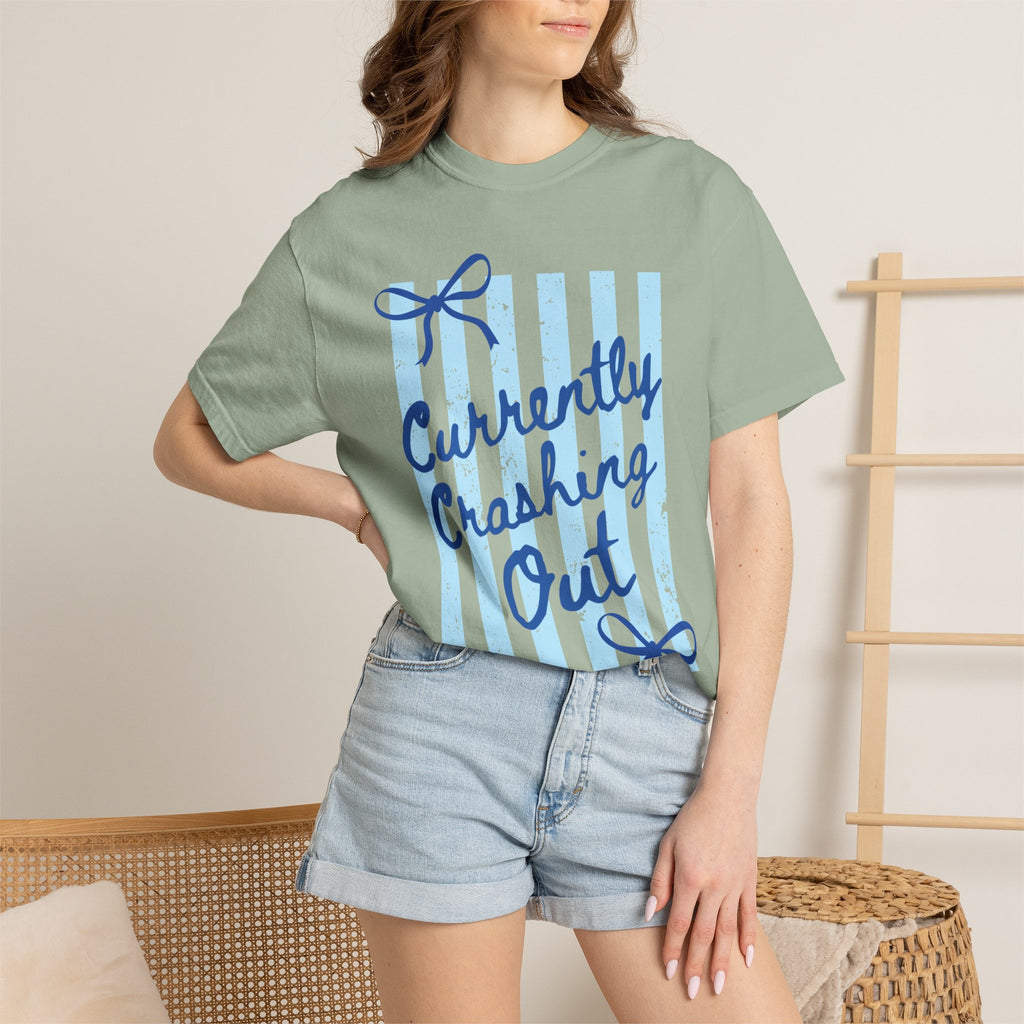 Currently Crashing Out Graphic T-Shirt — Casual Blue Striped Tee with Bow Accents