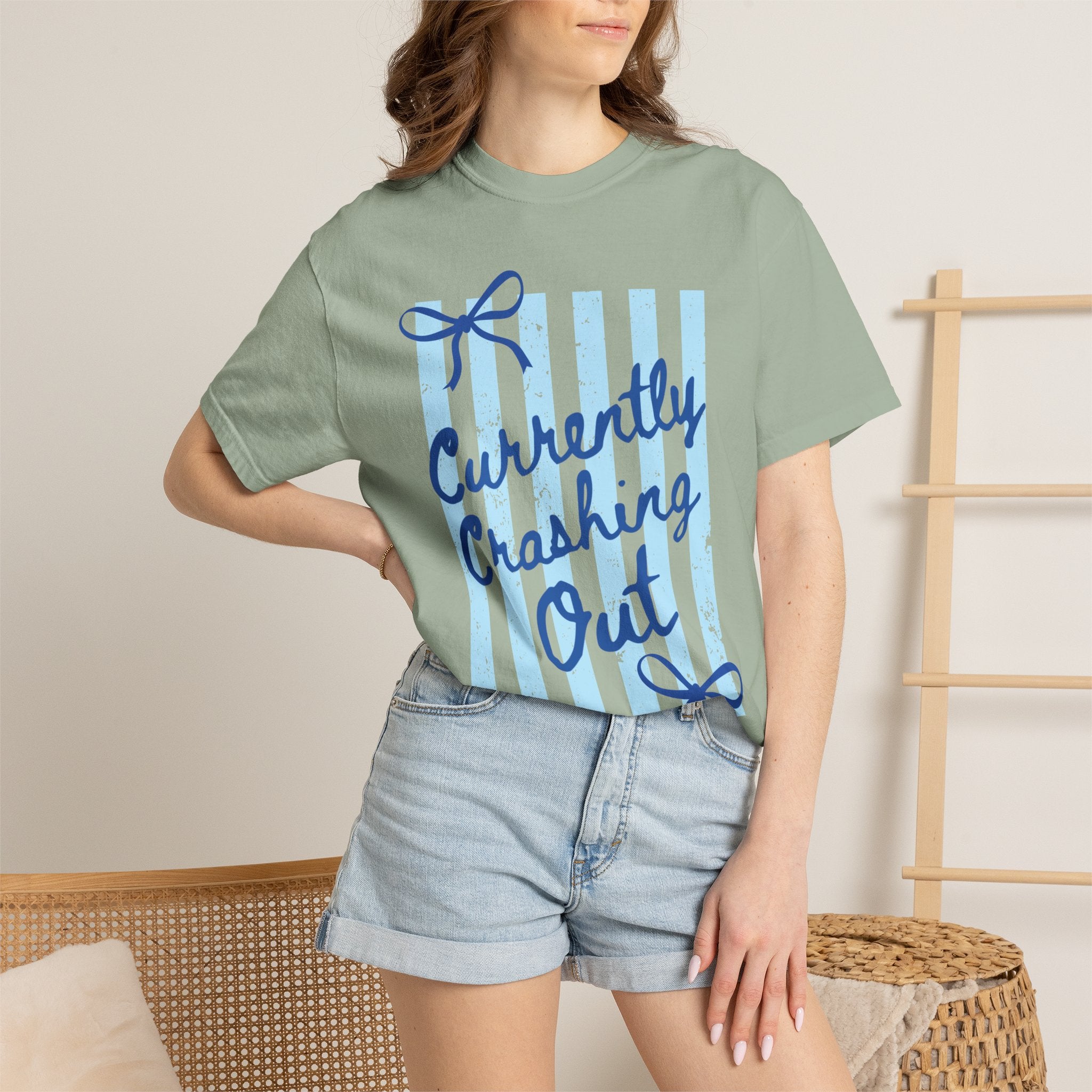 Currently Crashing Out Graphic T-Shirt — Casual Blue Striped Tee with Bow Accents