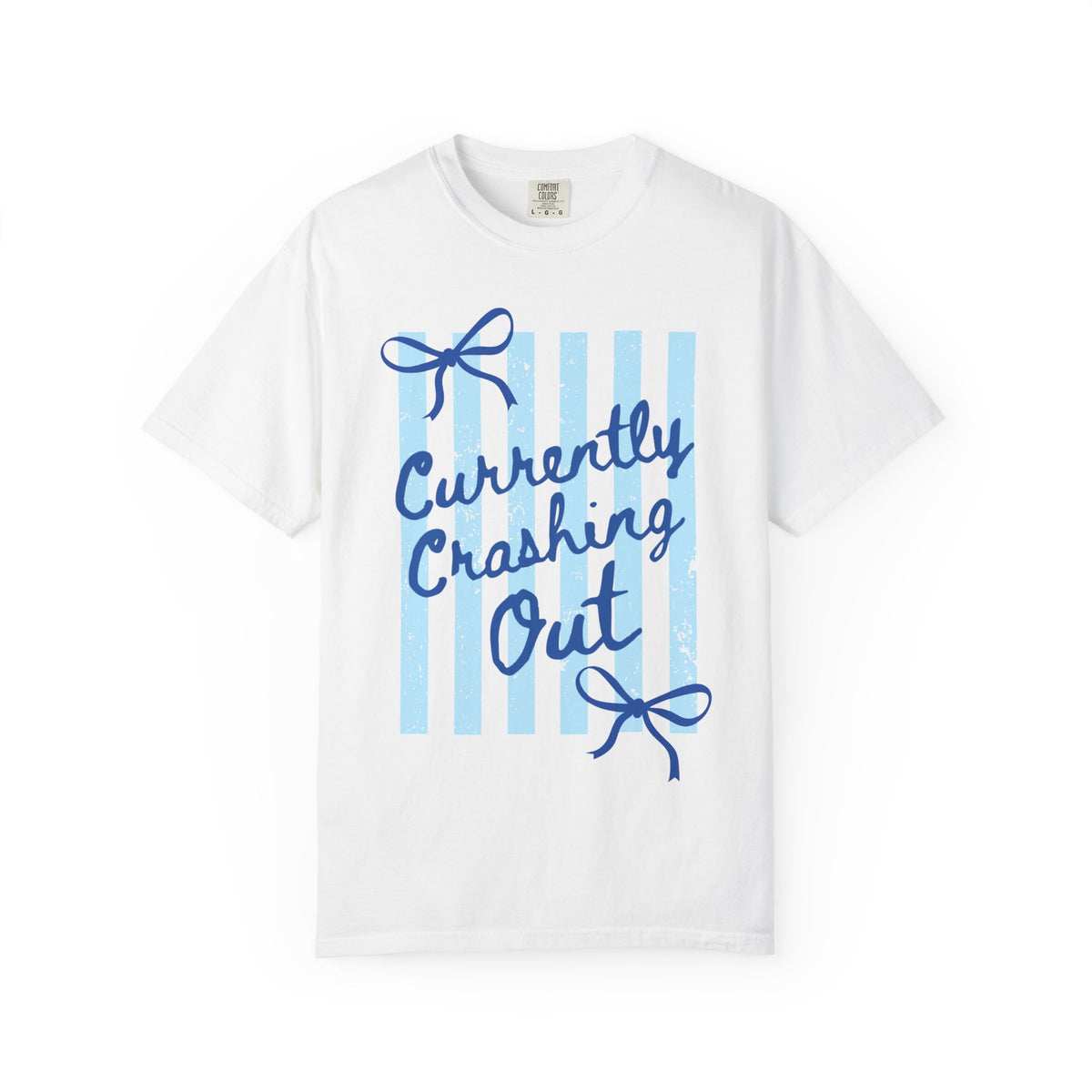 Currently Crashing Out Graphic T-Shirt — Casual Blue Striped Tee with Bow Accents