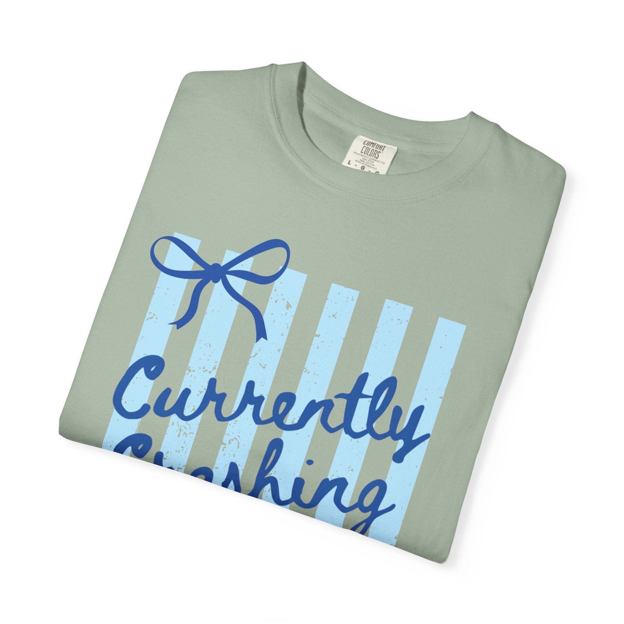 Currently Crashing Out Graphic T-Shirt — Casual Blue Striped Tee with Bow Accents