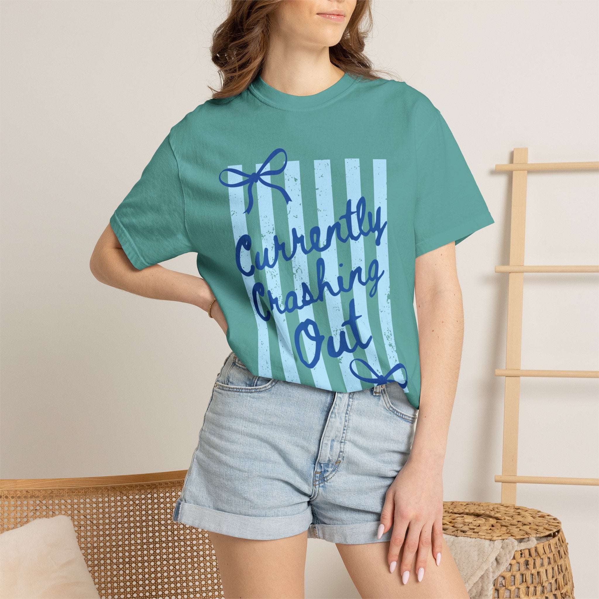 Currently Crashing Out Graphic T-Shirt — Casual Blue Striped Tee with Bow Accents