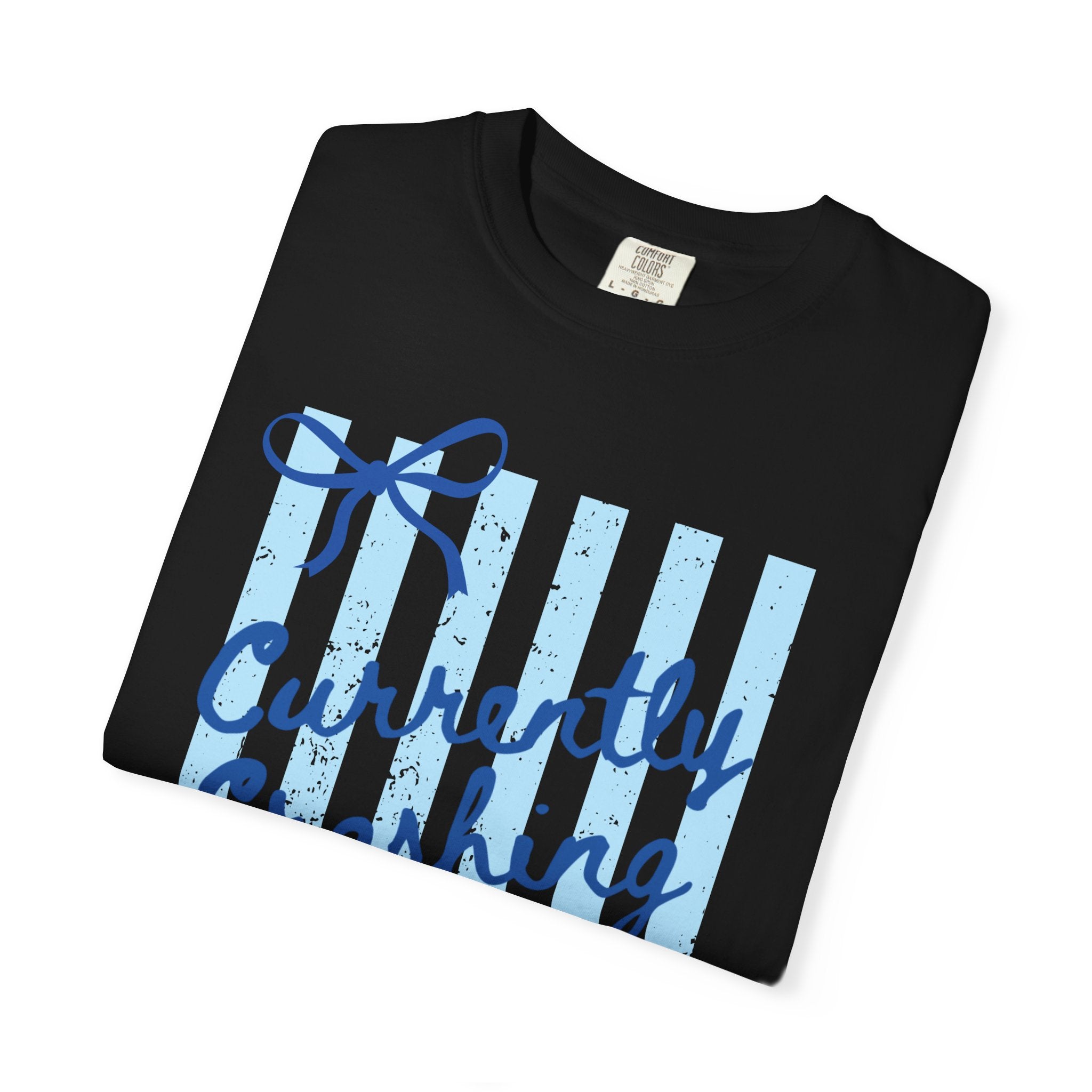 Currently Crashing Out Graphic T-Shirt — Casual Blue Striped Tee with Bow Accents