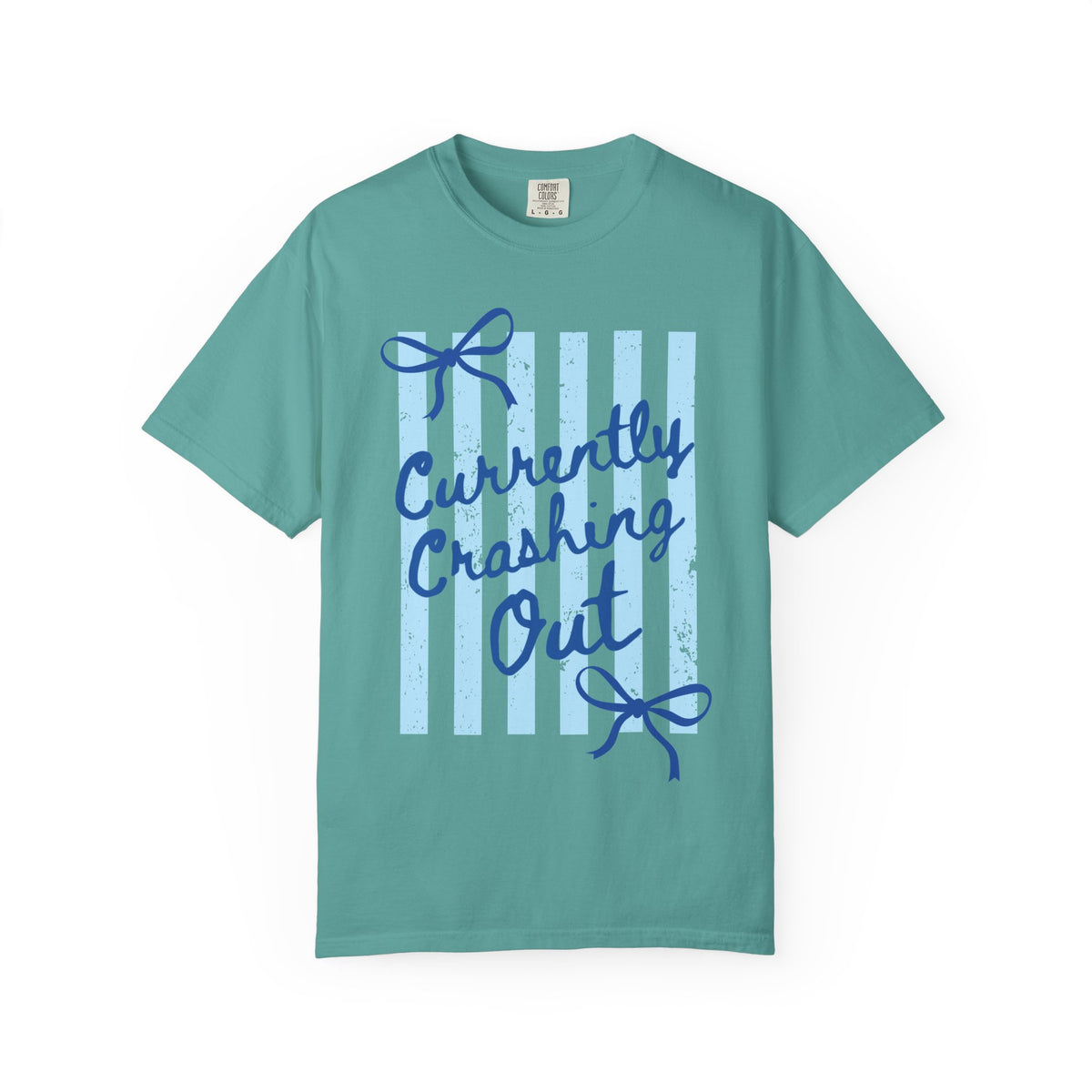 Currently Crashing Out Graphic T-Shirt — Casual Blue Striped Tee with Bow Accents