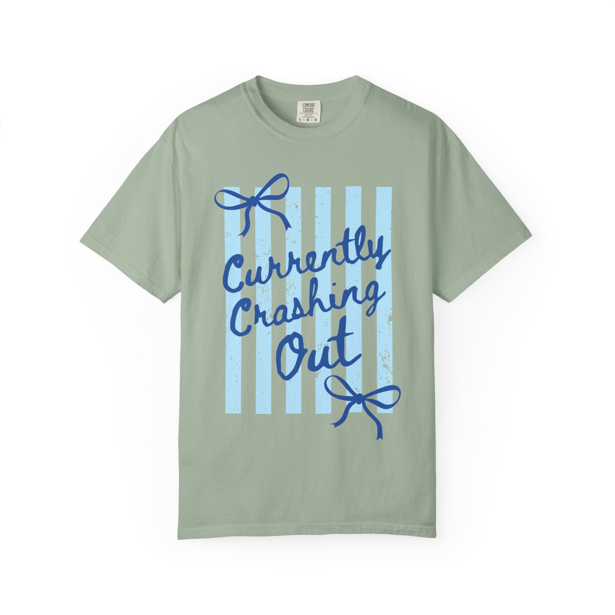 Currently Crashing Out Graphic T-Shirt — Casual Blue Striped Tee with Bow Accents
