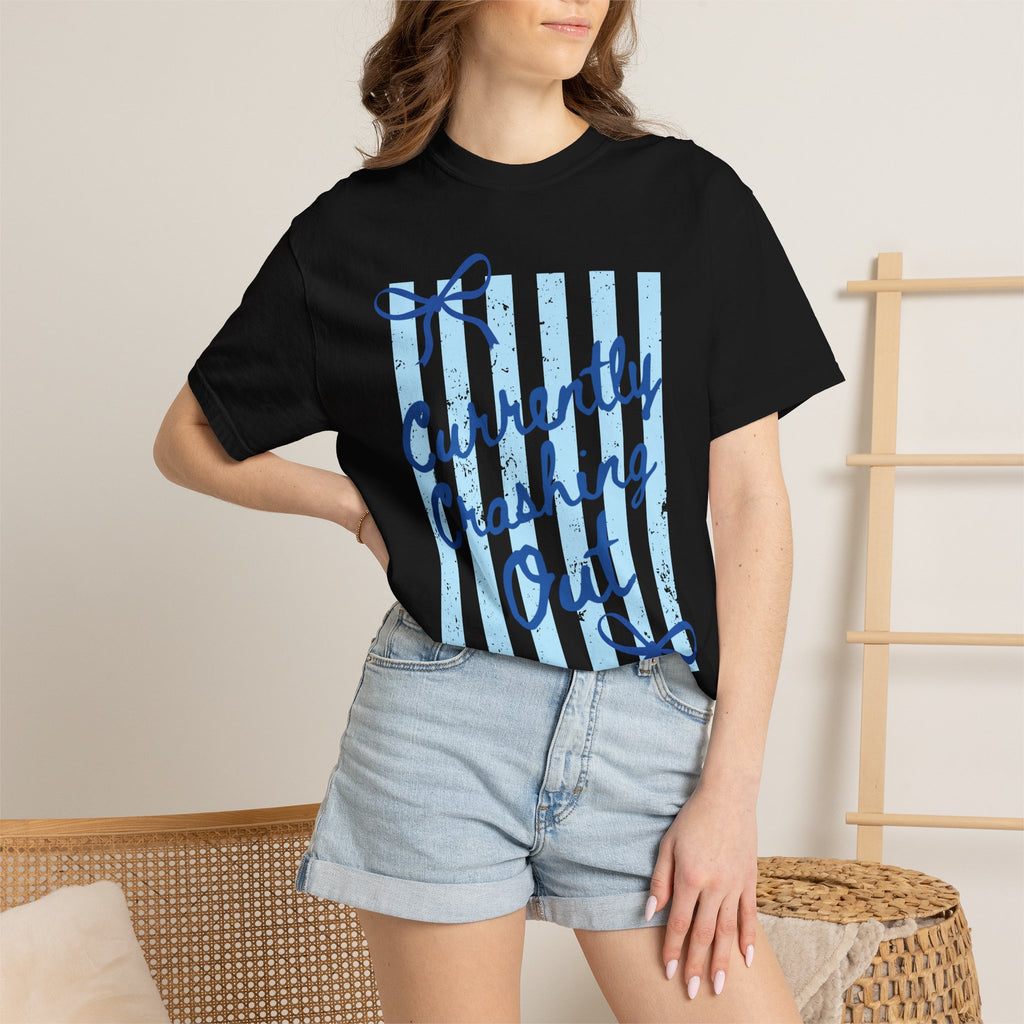 Currently Crashing Out Graphic T-Shirt — Casual Blue Striped Tee with Bow Accents