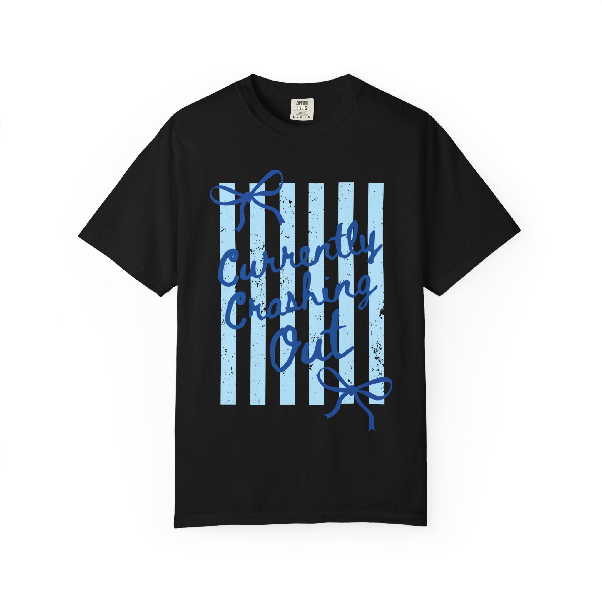 Currently Crashing Out Graphic T-Shirt — Casual Blue Striped Tee with Bow Accents