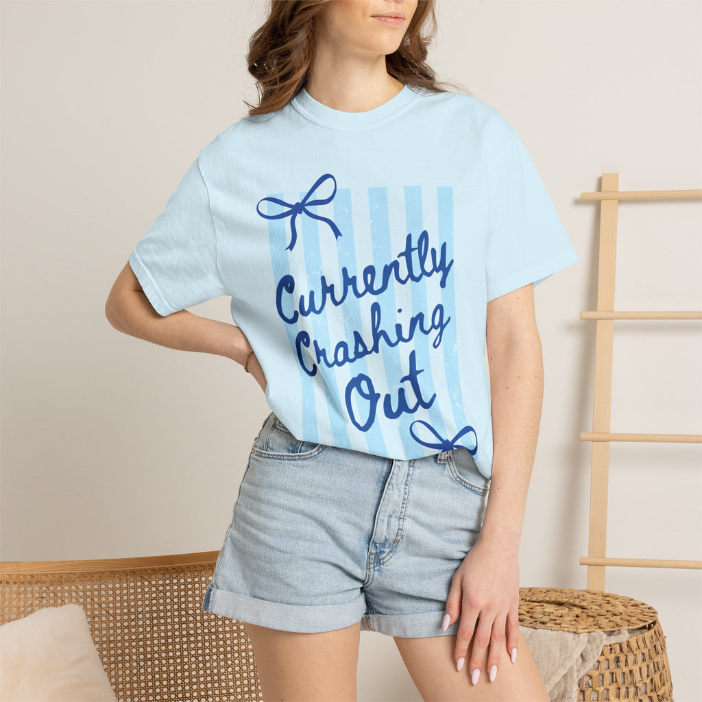 Currently Crashing Out Graphic T-Shirt — Casual Blue Striped Tee with Bow Accents