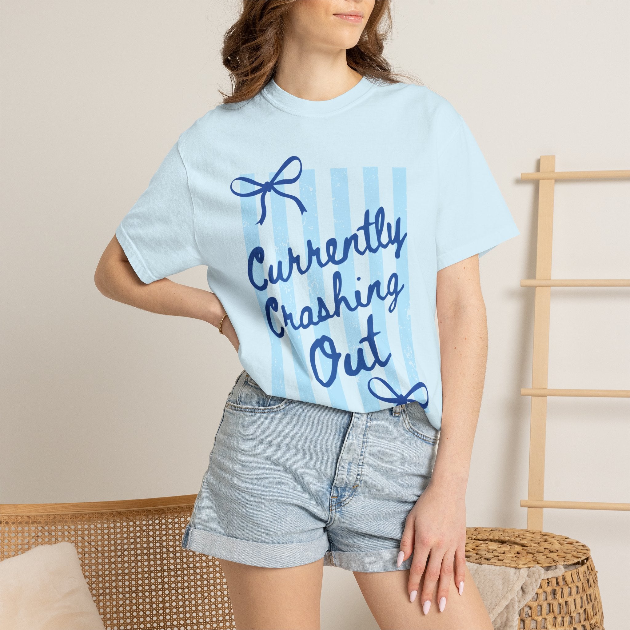 Currently Crashing Out Graphic T-Shirt — Casual Blue Striped Tee with Bow Accents