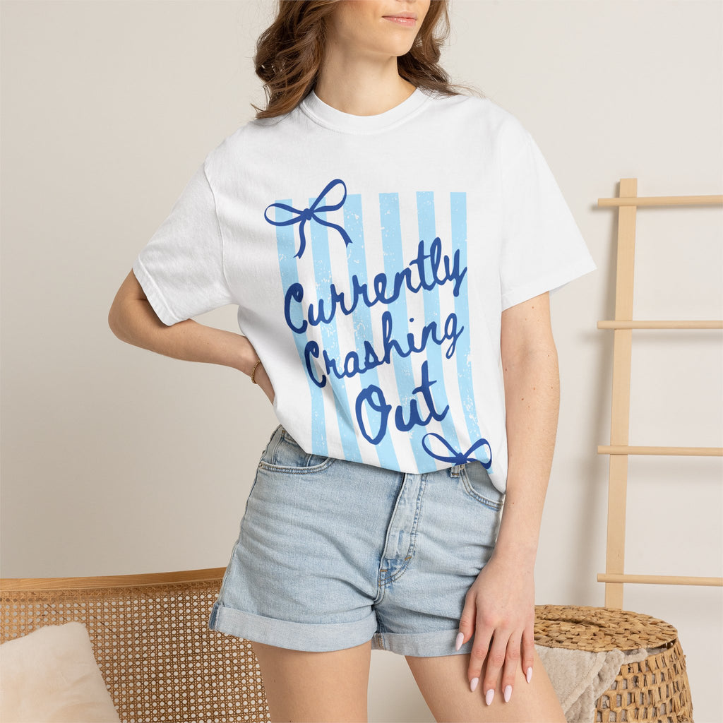 Currently Crashing Out Graphic T-Shirt — Casual Blue Striped Tee with Bow Accents